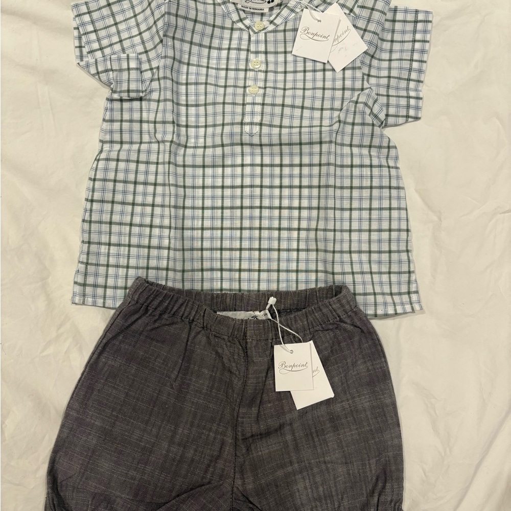 Bonpoint grey and White Plaid Shirt and grey shorts